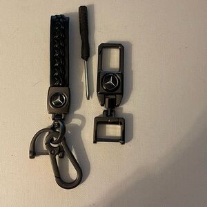 Mercedes Benz fob Keychain in Black leather and metal keychain set of 2 NWT